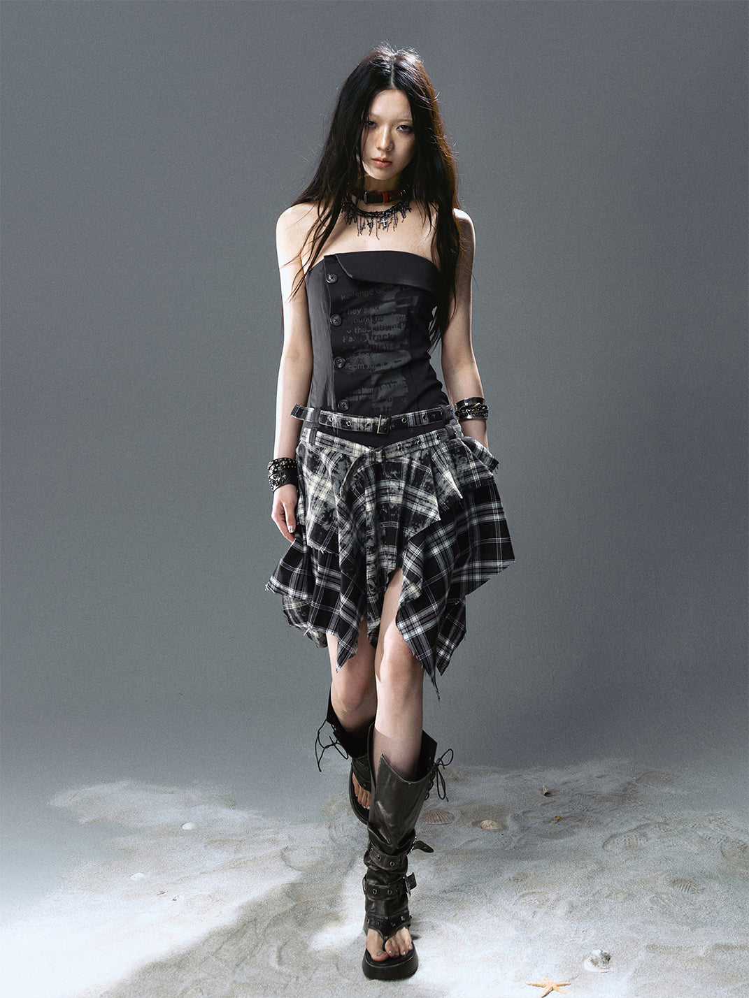 CestNous|Women's Graffiti Patchwork Plaid Dress-Black - PSYLOS 1, CestNous|Women's Graffiti Patchwork Plaid Dress-Black, Dress, CestNous, PSYLOS 1